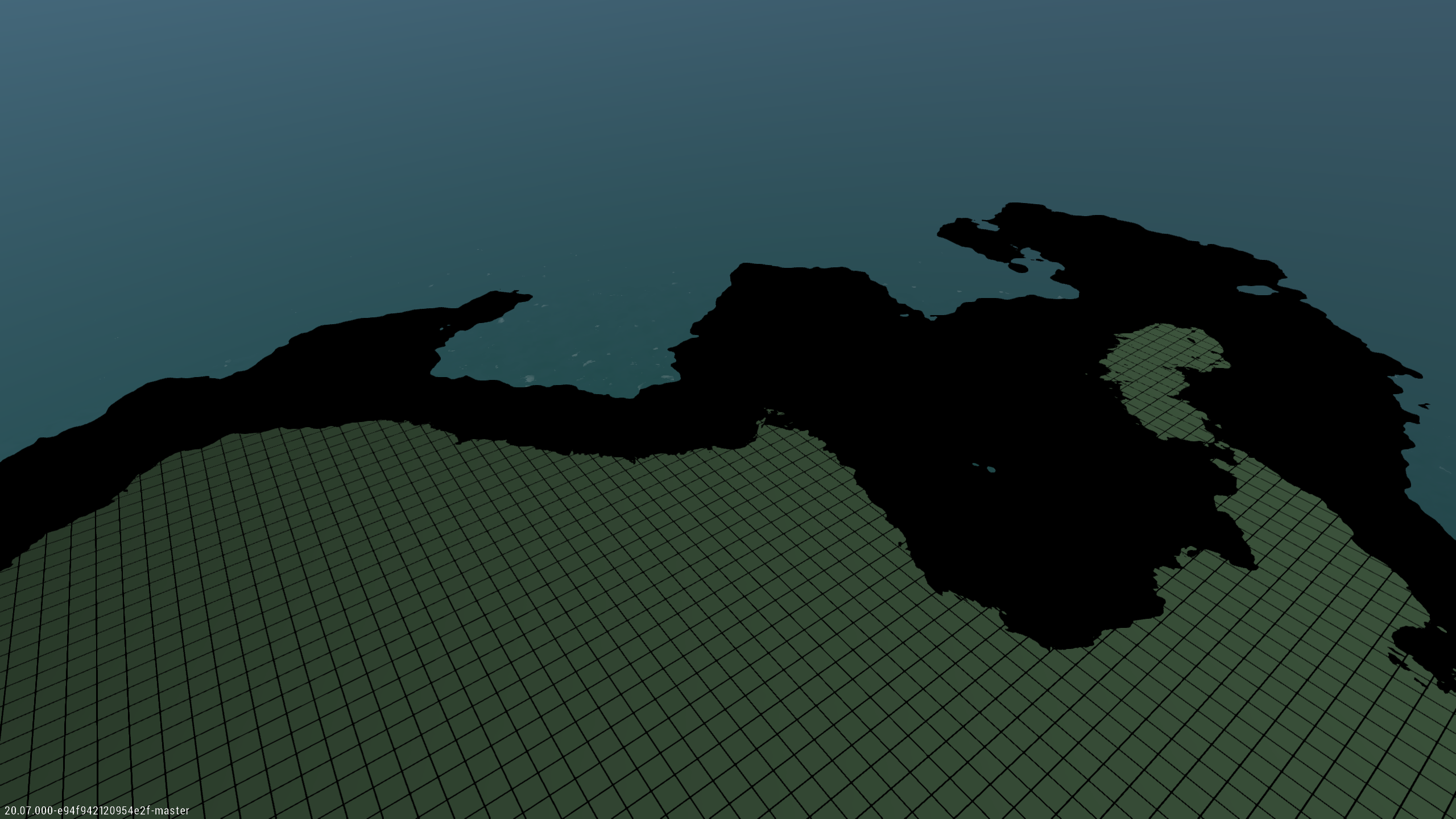 Debug visualization of island sliced at a specific elevation with grid lines and heavy outline for 'shore area' for river topology study